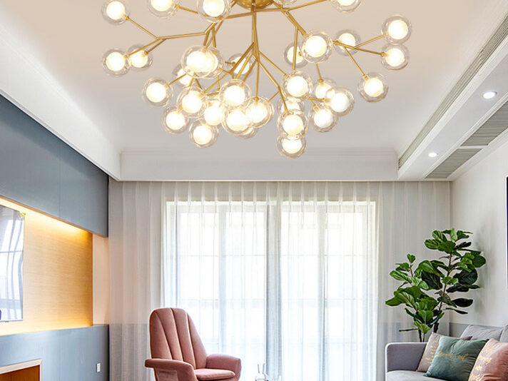 27 LIGHTS BALL FIREFLY GOLD CHANDELIER AMBER GLASS LED CEILING LIGHT HANGING LAMP - WARM WHITE