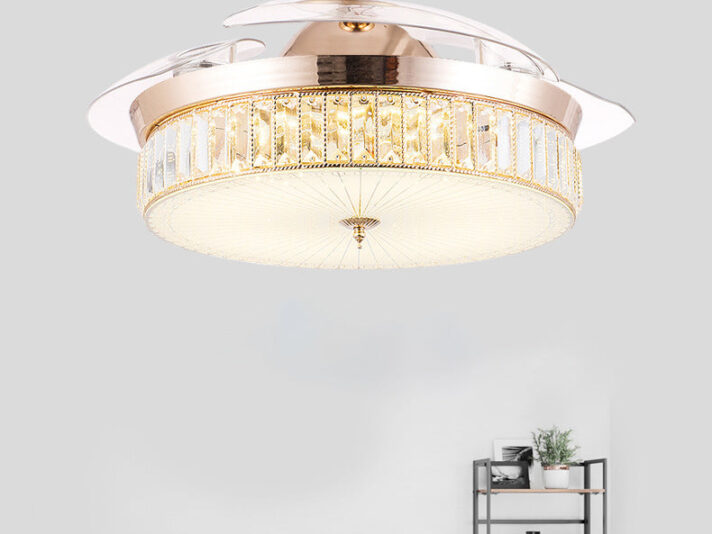 INVISIBLE CEILING FAN CHANDELIER CRYSTAL AND REMOTE CONTROL 4 RETRACTABLE ABS BLADES - WARM WHITE
