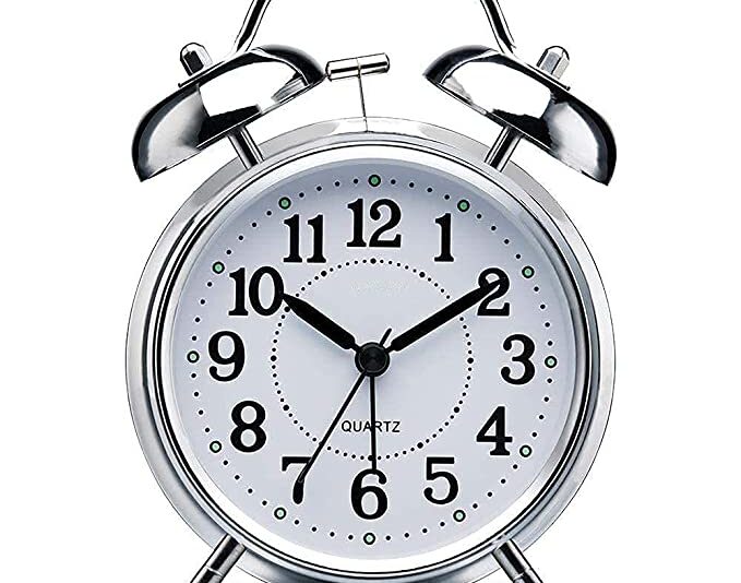 Sendrose Alarm Clock Brass Vintage Twin Bell Table Top Alarm Clock with Night Led Light Display Alarm Clock for Bedroom Heavy Sleepers Kids and Students (Silver)
