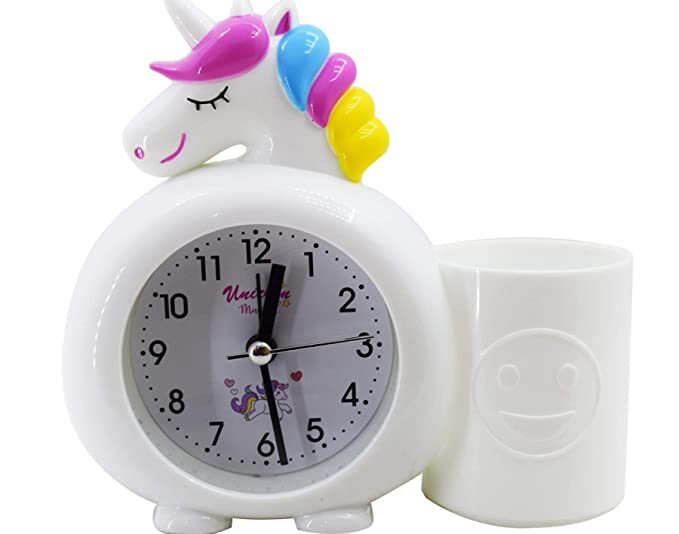 Asera Plastic Unicorn Alarm Table Clock with Pen / Pencil Stand for Kids (White)