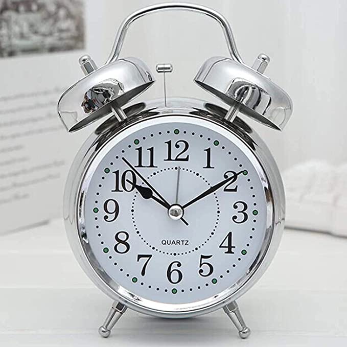 Sendrose Alarm Clock Brass Vintage Twin Bell Table Top Alarm Clock with Night Led Light Display Alarm Clock for Bedroom Heavy Sleepers Kids and Students (Silver) - Image 3