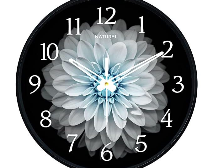 Naturel Plastic Big Size Designer Analogue Round Wall Clock for Home (White Flower , 10 x 10 Inch (1103)