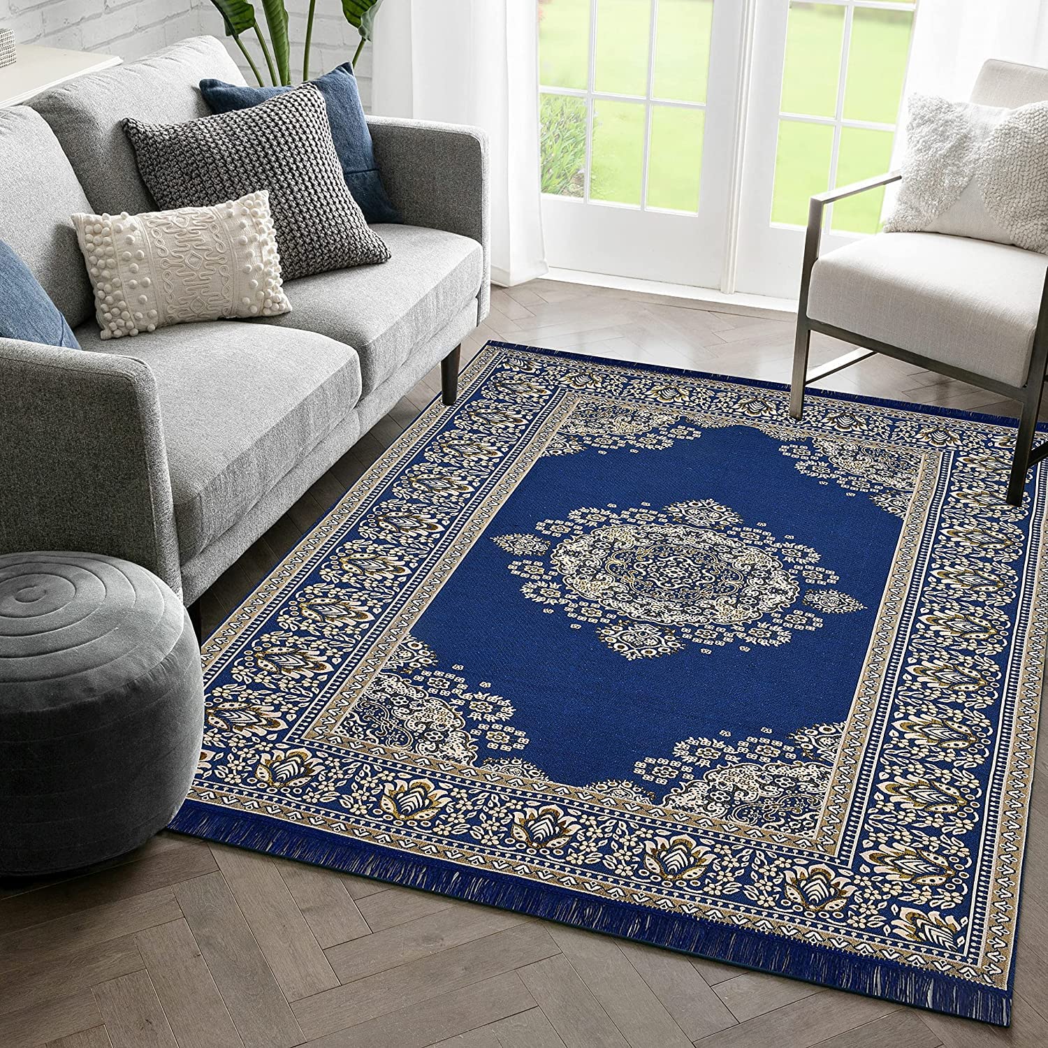 Sparrow World Designer Superfine Exclusive Cotton Carpet | Rug | Living Room | Bedroom | Hall | School | Temple | Bedside Runner | (Blue, 6X9 Feet)