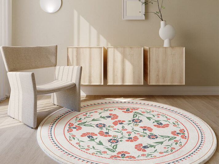 Beige And Flower Round Carpet