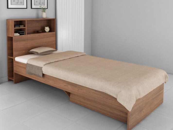 Boltera Single Bed With Headboard Storage & Drawer in Dark Walnut Finish