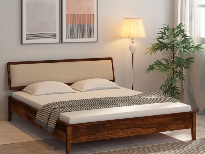 Flair Solid Wood Queen Size Bed With Upholstered Headboard In Provincial Teak Finish