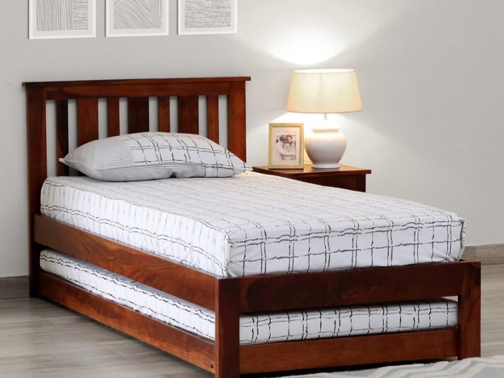 Freya Solid Wood Single Bed with Trundle in Honey Oak Finish