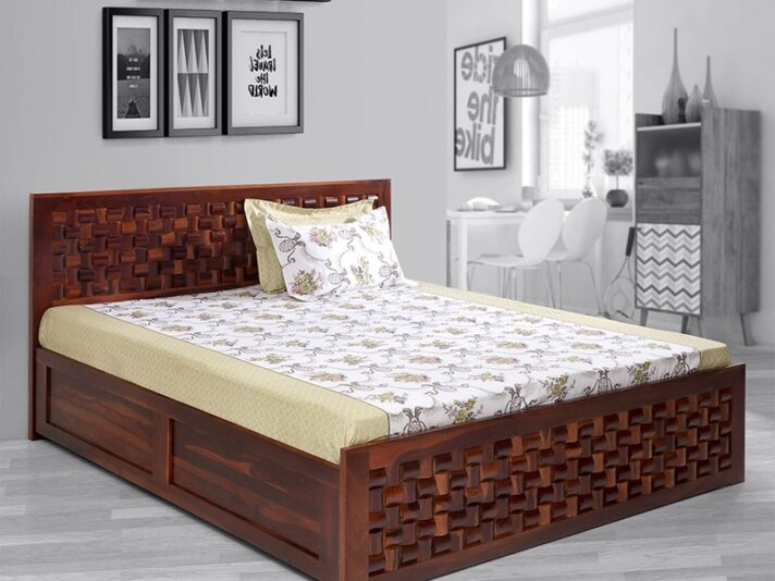 Julieta Queen Size Bed with Hydraulic Storage in Honey Finish