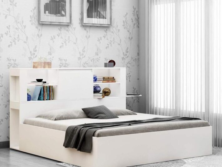 Magnus Queen Size Bed with Box Storage & Charger in Mist White Color