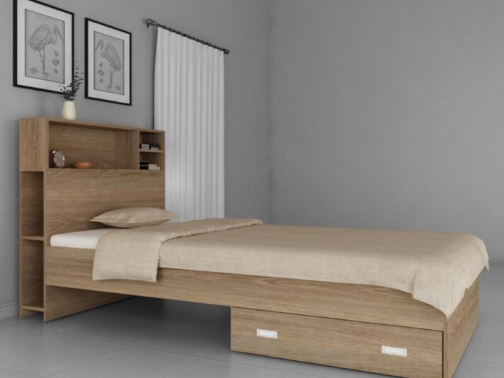 Soltera Single Bed With Headboard Storage & Drawer in Oak Finish