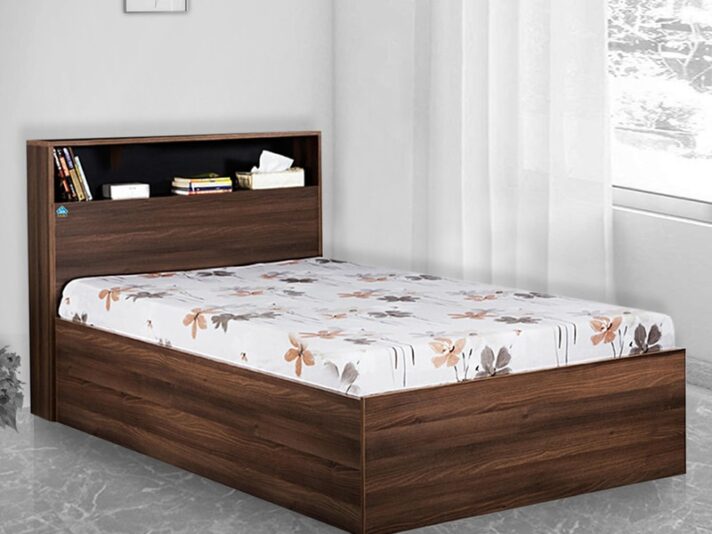 Urban Single Bed with Head Board Shelf & Storage in Acacia Dark & Black Finish