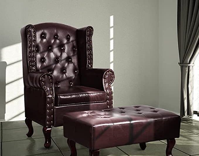 A to Z Furniture Leatherette ufted Wing Chair for Living Room Bedroom High Back Arm Chair Cushioned Lounge Chair Single Seater Sofa |Luxury Rest Chair Arm Chair with Footrest Stool (Dark Brown)