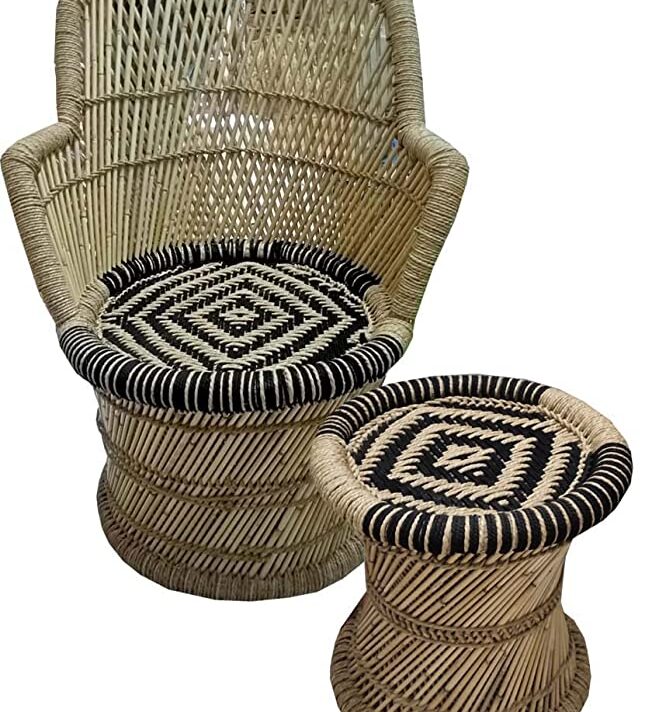 VANSHIKA Craft ! Natural Bamboo Mudda Weaving Black and Beige Flower Chair Set ! Chair with Wave Design Mudda