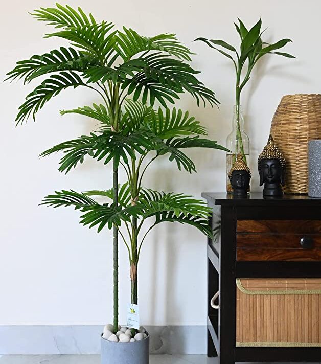 Blooming Floret Artificial Areca Palm | 3 Stems Having 27 Leaves (110 CM Long) | with Basic Black Pot | Ornamental Plant for Interior Decor/Home Decor/Office Decor | Dustproof